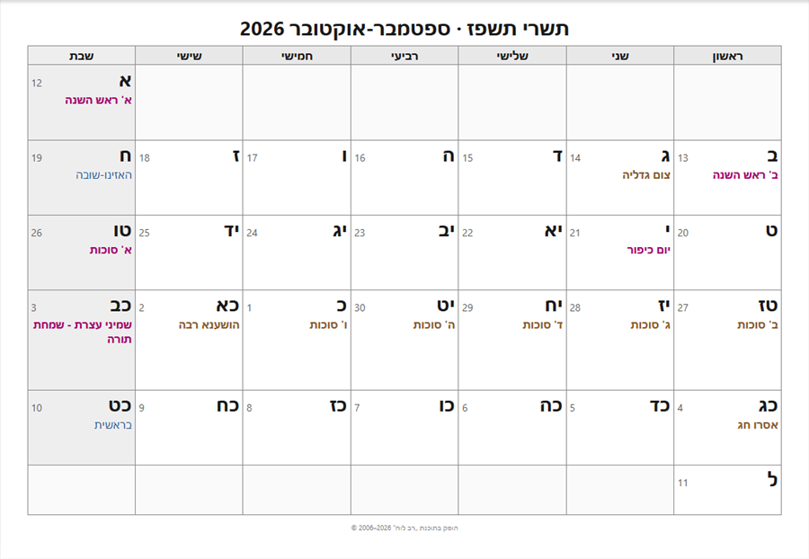לוח חודש תשרי שיוצא להדפסה
